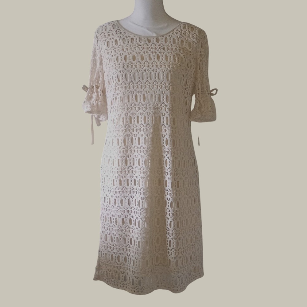 Regencycore Homecoming Cream Crochet Lace Shift Dress Ribbon Tie Sleeve Womens 8